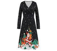 QXDZSW Women's V-Neck Waist Mash Up Long Sleeve Printing Sexy Christmas Dress Party Play Long Dresses