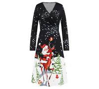 QXDZSW Women's V-Neck Waist Mash Up Long Sleeve Printing Sexy Christmas Dress Party Play Long Dresses
