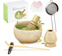Qxeutm Matcha Whisk Set, 7 Pcs Matcha Set - Ceramic Matcha Bowl & 100% Handmade Bamboo Whisk with Chasen Holder, Bamboo Scoop, Rest, Matcha Sifter & Tea Towel - Complete Matcha Kit (White)
