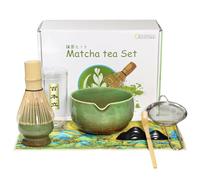 Qxeutm Matcha Whisk Set, 7 Pcs Matcha Set - Ceramic Matcha Bowl & 100% Handmade Bamboo Whisk with Chasen Holder, Bamboo Scoop, Rest, Matcha Sifter & Tea Towel - Complete Matcha Kit (Green)