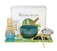 Qxeutm Matcha Whisk Set, 7 Pcs Matcha Set - Ceramic Matcha Bowl & 100% Handmade Bamboo Whisk with Chasen Holder, Bamboo Scoop, Rest, Matcha Sifter & Tea Towel - Complete Matcha Kit (Blue)