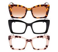 QXEYEGLAS 3 PCS Fashion Oversized Oprah Reading Glasses 1.0 for Women with Reader Sunglasses, Blue Light Blocking Square Readers with Spring Hinges