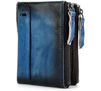 QXHSSM Retro Genuine Leather Wallet for Men Double Zipper Compact RFID Blocking Travel Organizer(Blue)