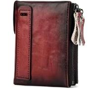 QXHSSM Retro Genuine Leather Wallet for Men Double Zipper Compact RFID Blocking Travel Organizer(Red)