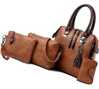 QXHSSM Tote Bag for Women Elegant 4 In 1 Vintage PU Leather Satchel Top Handle Handbag Set with Tassels Pendant(Brown)
