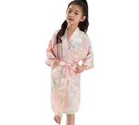 QXQTER Girls Floral Silk Kimono Robe Wedding Flower Girl Robes Dressing Gown Bathrobes Housecoat, Pink, 10