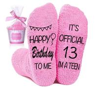 QXRXN 13th Birthday Gifts for Girls Keepsake Socks, Gifts for 13 Year Old Girls Daughter Funny Socks, Happy 13th Birthday Granddaughter Gift Fluffy Cosy Anti Slip ITS OFFICIAL 13 IM A TEEN Socks Pink