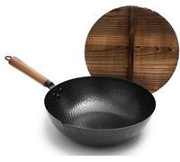 QXSJEDYCH Cooking pots and Pans Traditional Hand-Hammered Iron Wok with pre-Seasoned cast Iron Wok with a Chinese Pine lid, Black woks & stir-Fry Pans