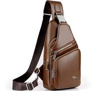 QXuan Men's Sling Bag Vintage Genuine Leather Backpack Purse Anti-theft with USB Charging Port and Headphone Hole,Small Chest Shoulder Bags Daypack for Outdoor Casual Sport Travel (Brown 2)