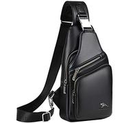 QXuan Men's Sling Bag Vintage Genuine Leather Backpack Purse Anti-theft with USB Charging Port and Headphone Hole,Small Chest Shoulder Bags Daypack for Outdoor Casual Sport Travel (Black 2)