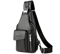 QXuan Men's Sling Bag Vintage Genuine Leather Backpack Purse Anti-theft with USB Charging Port and Headphone Hole,Small Chest Shoulder Bags Daypack for Outdoor Casual Sport Travel (Black 1)