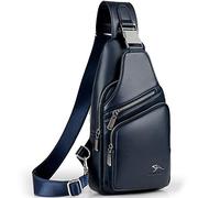 QXuan Men's Sling Bag Vintage Genuine Leather Backpack Purse Anti-theft with USB Charging Port and Headphone Hole,Small Chest Shoulder Bags Daypack for Outdoor Casual Sport Travel (Navy 2)