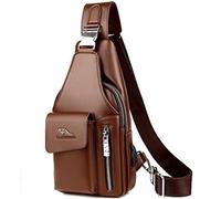 QXuan Men's Sling Bag Vintage Genuine Leather Backpack Purse Anti-theft with USB Charging Port and Headphone Hole,Small Chest Shoulder Bags Daypack for Outdoor Casual Sport Travel (Brown 1)