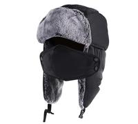 QXURkut Winter Trapper Hat with Earflap Mask for Men Women, Windproof Warm Trooper Hat Bomber Cap Thick Faux Fur Fleece Lined Black