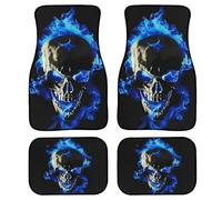 QXWD 4pcs Skull with Blue Flames Car Floor Mats Universal Fit, Washable Polyester Material, Ideal Automotive Gift