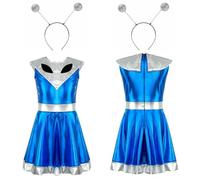 QXWD Adult Alien Cosplay Costume Sleeveless Shiny Metallic A-line Dress Arm Sleeve Hair Hoop Outer Space Halloween Outfit