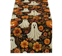 QXWD Halloween Cute Ghost Chrysanthemum Runners Dresser Table Decor Washable Kitchen Dining Coffee Table Runner Party Decor