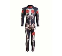 QXWD Halloween Girls Ghost Bride Theme Party Dress Costume Skeleton Rose Pattern Printed Skeleton Long Sleeve Jumpsuit Party