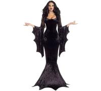 QXWD Witchy Costume Long Train Dress Halloween Terror Dark Gown Robe Bat Sleeve Horror For Adult