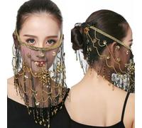 QXWD Women Stage Belly Dance Veil Sequins Lace Beaded Face Mask Indian Dance Performance Props Scarf Headwear Face Veil