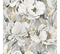 QXYOGO Self-Adhesive Wallpaper White Floral Grey Peonies Flowers Peel and Stick Wallpaper Self Adhesive Removable Easy Off on Wall Paper for Bedroom Renter(E,17.7" x 236.2")