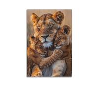 QXYUIN Animal Lioness And Two Cubs Cuddling on The Grassland Poster Wall Art Canvas Aesthetic Decorative Painting for Room 12x18inch(30x45cm) Unframe-style