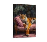 QXYUIN Animal Tiger Lying on Pink Sofa Poster Wall Art Canvas Aesthetic Decorative Painting for Room 12x18inch(30x45cm) Frame-style