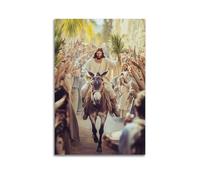 QXYUIN Jesus Riding Donkey Palm Sunday Scene Art Painting Poster Wall Art Canvas Aesthetic Decorative Painting for Room 12x18inch(30x45cm) Unframe-style