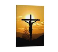 QXYUIN Jesus Silhouette on Cross at Sunset Art Painting Poster Wall Art Canvas Aesthetic Decorative Painting for Room 12x18inch(30x45cm) Frame-style
