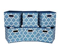 QY-SC09-6 6 Fabric Storage Baskets, Folding Clothes Boxes, 27 cm Cube Containers, Blue Inserts, Bin with Grid Print