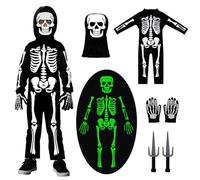 QYCHHJ Skeleton Costume Kids Toddler Luminous Scary Skull Bones Jumpsuit Glow in the Dark Outfit for Kids Boys Girls with skeleton gloves,a hood,glowed skeleton bodysuit