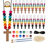 Qyeahkj 30 Pack Christian Nativity Wood Cross Necklace Sunday School VBS Bible Jesus Easter Craft Kit for Kid Bulk Coloring You Own Cross Beads Ornaments DIY Wooden Painting for Boy Girl Christmas