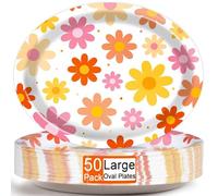 Qyeahkj 50 PCS Groovy Daisy Oval Paper Plates Large 11” Disposable Retro Daisy Party Decorations Hippie Boho Flower Supplies Favor for 60s 70s Birthday Baby Shower Wedding Party Tableware Set
