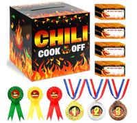 Qyeahkj 67 Pcs Chili Cook off Contest Ballot Box Includes 60 Pcs Voting Cards and 3 Pcs Trophy Award Ribbons, 3 Pcs Trophies Medals for Chili Cook off Game Awards Party Supplies Cook Competitions