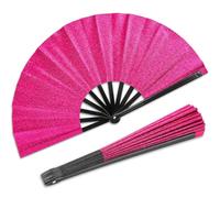 Qyeahkj Glitter Hot Pink Hand Fan Large Folding Hand Fan - Rave Clack Handheld Fans Chinese Tai Chi Kung Fu Fans for EDM Club Party Dance Performance Role Playing Concerts Supplies for Men Women