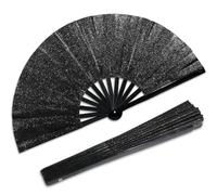 Qyeahkj Glitter Large Folding Hand Fan - Black Rave Clack Handheld Chinese Tai Chi Kung Fu Foldable Fabric Decorative for EDM Club Party Dance Performance for Men Women