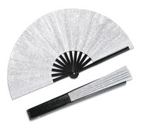 Qyeahkj Glitter Silver Hand Fan for Men Women Large Folding Rave Clack Handheld Chinese Tai Chi Kung Fu Foldable Fabric Decorative EDM Club Party Dance Performance,(QB0211)