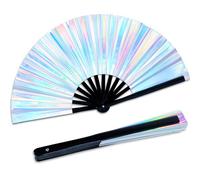 Qyeahkj Large Folding Hand Rave Fan, Festival Clack Handheld Bamboo Fan, Silver Laser Glitter Hand Fan Decorative Folding Fans for Women Men Iconic Fan Party Renaissance Decor, QB0097