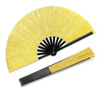 Qyeahkj Large Glitter Gold Folding Hand Fan for Men Women, 33cm Closed/63cm Open, Clack Design, Multi-Purpose