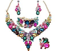 QYJ Jewelry Set for Women, Statement Necklace Dangle Earrings Bracelet Ring, White/KC Gold Plated Jewelry Set with Rhinestone Pearl Crystal Wedding Party Jewelry for Bridal Bridesmaid, 16.5 inches