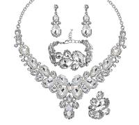 QYJ Women's Wedding Bridal Austrian Crystal Glass Teardrop Statement Necklace Dangle Earrings Bracelet Ring Wedding Party Jewelry Set for Bridal Bridesmaid, 16.5-19 inches, Metal, Crystal