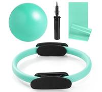 QYJinlida Pilates Ring, Pilates Ring Circle and Ball Set, 12 Inch Magic Circle Pilates Ring,9 Inch Small Exercise Ball,Resistance Bands Set, Home Pilates Equipment for Women (Blue-Green Ring Circle)
