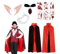 Qylazune 10 pcs Halloween Costumes Vampire Kids Includes 90cm Black Red Cloak, Vampire Fangs, Elf Ears, Bloody Wound Tattoos, and Gothic Choker for A Terrifying and Unforgettable Halloween Party