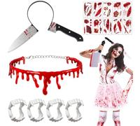 Qylazune 16 pcs Halloween costume accessories Set Party Horror look with a bloody knife headband, fake dripping blood choker, scar tattoos 10 sheets and 4 pairs of vampire fangs scary cosplay Zombie