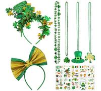 Qylazune 16pcs St Patricks Day Accessories Set Ireland St Patrick'S Day Accessories 2headband 4necklaces 10sticker Green For Party Home School Bar Glitter Green Shamrock Photo Props for Women and Men