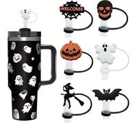 Qylazune 6 pcs Halloween Straw Cover Toppers Cup Set of Includes Pumpkin, Skull, bat, Witch, “Welcome” Web, and Ghost Designs Festive Silicone Straws Leak Proof Covers to add Fun to Your Drink!