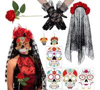 Qylazune Day of the Dead Costume Accessories Set - Floral Headband with Veil and Face Tattoos, Sugar Skull Makeup Kit for Women, Dia de Los Muertos Halloween Party Includes Black Rose and Stickers