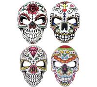 Qylazune Day of the Dead Mask Set 4 Piece Sugar Skull Full Face Masks for Halloween and Mexican Festivals, Vibrant Calavera Face Coverings for Women and Men, Día de los Muertos Party Accessories