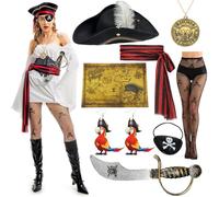 Qylazune Pirate Costume Accessories Set for Adults Women 8 in 1 Premium Halloween Pirate Kit Includes White Feathered Tricorn Hat, Parrot Earrings ect. Perfect for Theme Party, Halloween and Cosplay