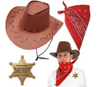 Qylazune Western Cowboy Costume Accessories Set - 3-Piece Premium Faux Suede Hat + Paisley Bandana + Sheriff Badge Kit for Men & Women